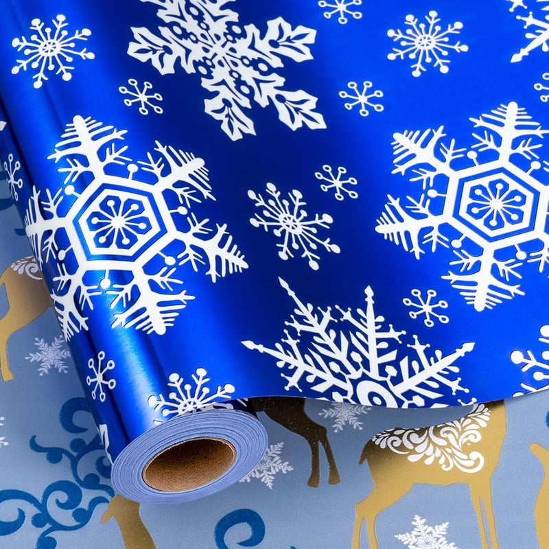 Yarcony Blue Christmas Wrapping Paper Roll, Snowflake Wrapping Paper, Navy Blue and White Snowflake, Deer Winter Theme Christmas Gift Wrap for Holiday, Gift Packaging (Mini Roll, 17 Inch X 33 Feet) - Image 1